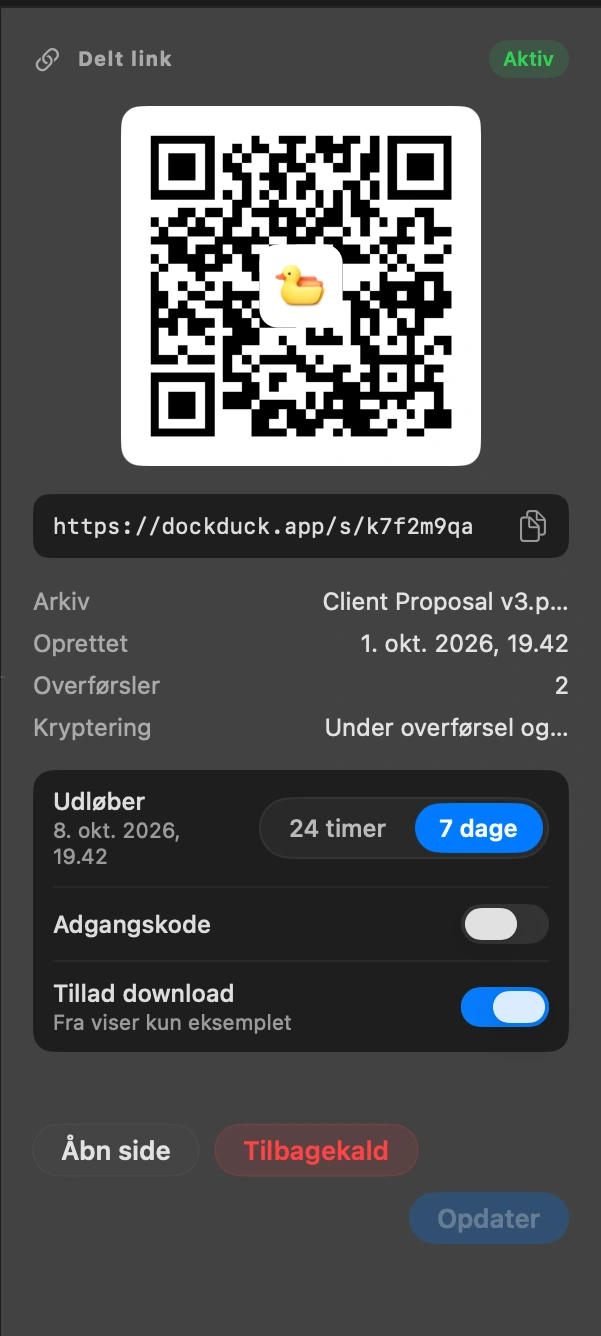 Send linket: Det ligger allerede i udklipsholderen. Sæt det ind i en besked eller en mail. QR-koden åbner samme side på en telefon.