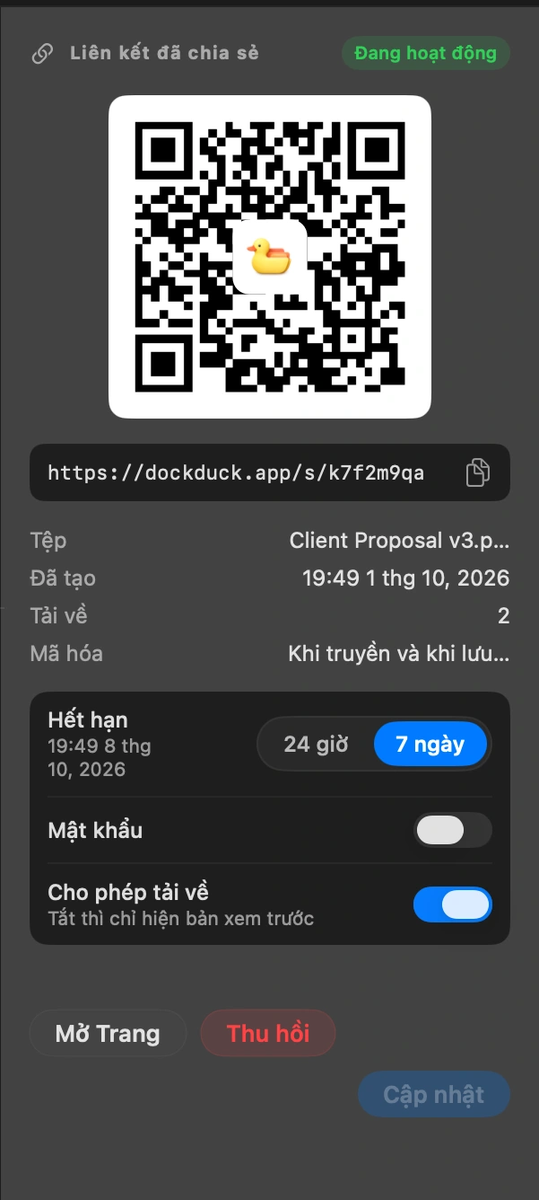 Gửi liên kết: Liên kết đã nằm trong bảng tạm. Dán vào tin nhắn hoặc email. Mã QR mở cùng trang đó trên điện thoại.