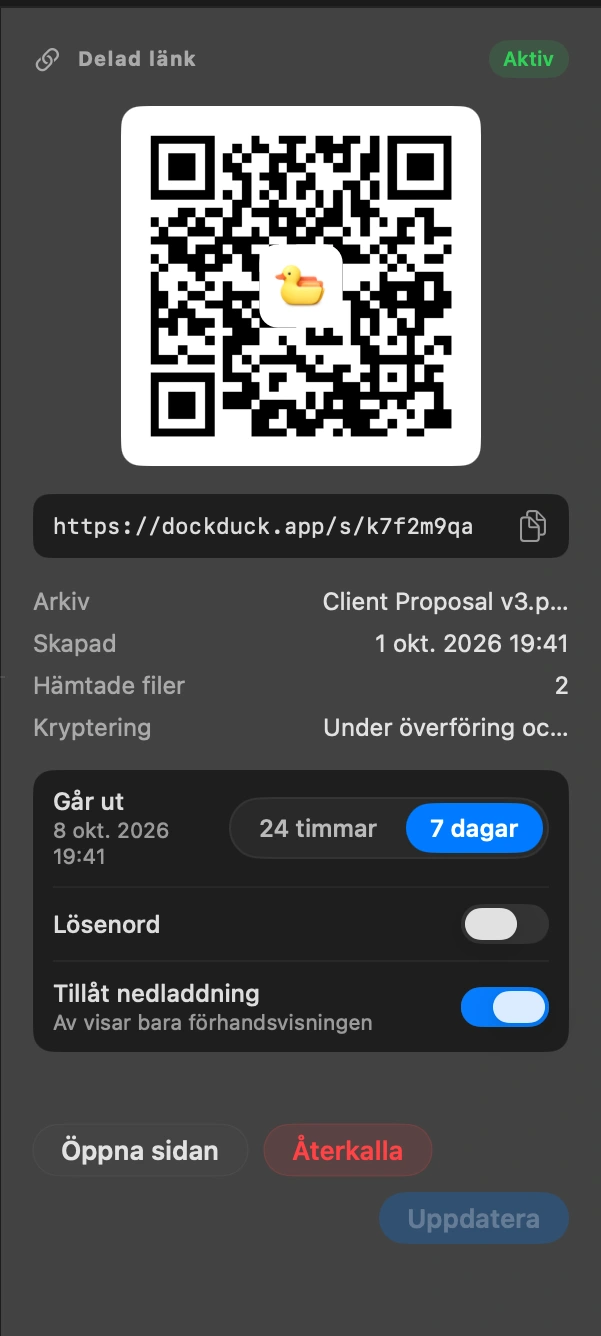 Skicka länken: Den ligger redan i urklipp. Klistra in den i ett meddelande eller ett mejl. QR-koden öppnar samma sida på en telefon.