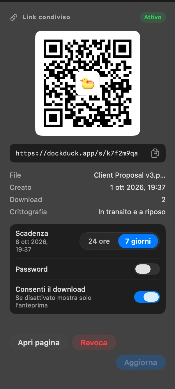 Invia il link: È già negli appunti. Incollalo in un messaggio o in un’email. Il codice QR apre la stessa pagina su un telefono.