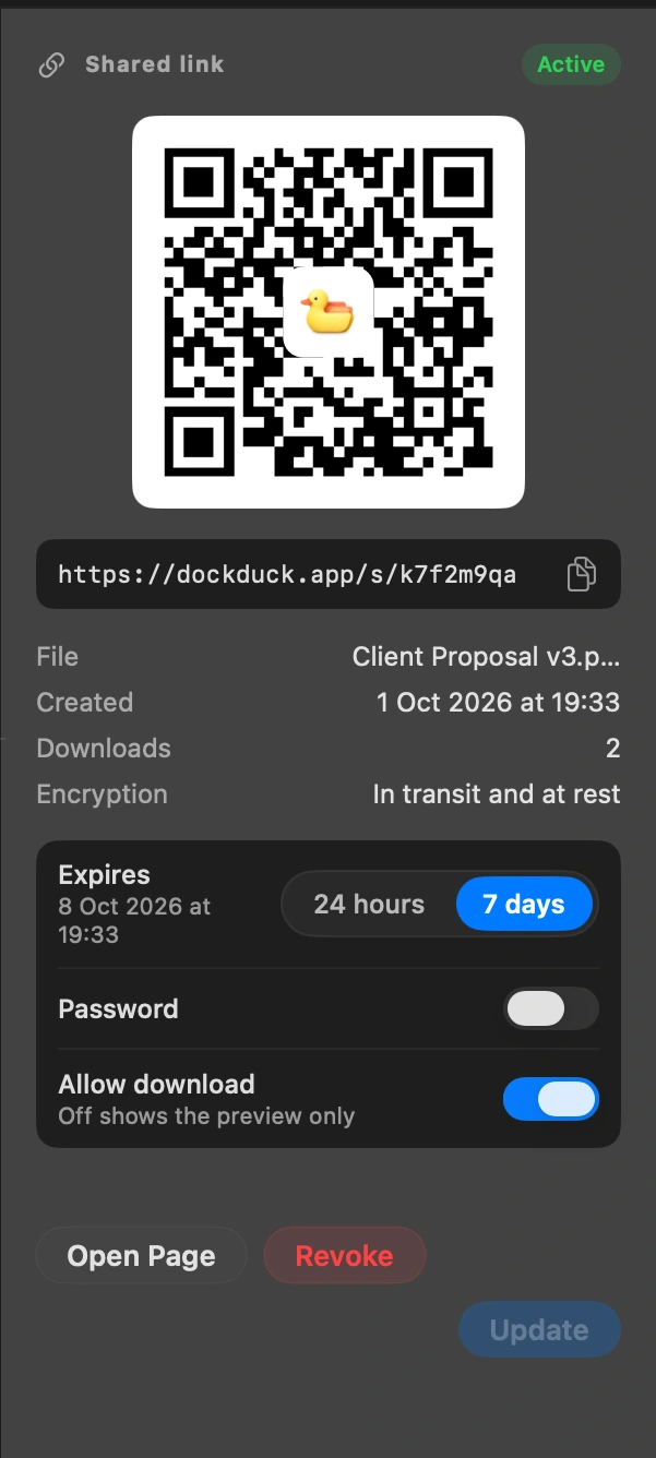 Send the link: It is already on your clipboard. Paste it in a message or an email. The QR code opens the same page on a phone.