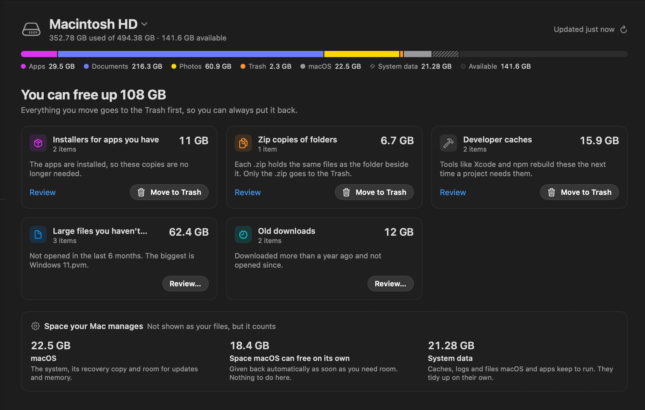 Read the suggestions: DockDuck lists what is safe to remove: downloads you have not opened in a year, installers for apps you already have, zip copies of folders you still keep, large files untouched for six months, and caches that developer tools rebuild on their own.