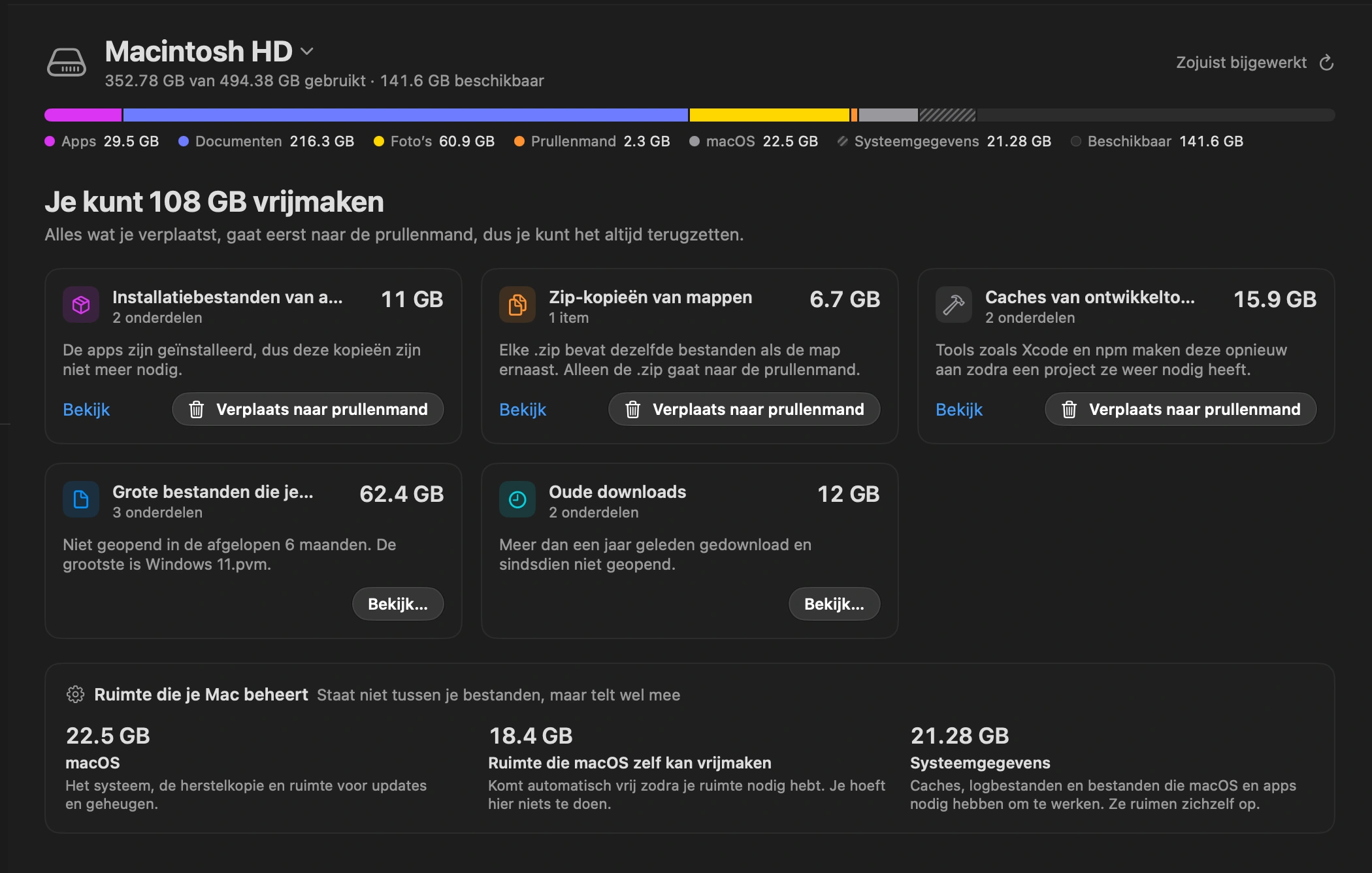 Lees de suggesties: DockDuck toont wat veilig weg kan: downloads die je een jaar niet hebt geopend, installers van apps die je al hebt, zip-kopieën van mappen die je nog bewaart, grote bestanden die zes maanden onaangeroerd zijn, en caches die ontwikkeltools zelf opnieuw opbouwen.