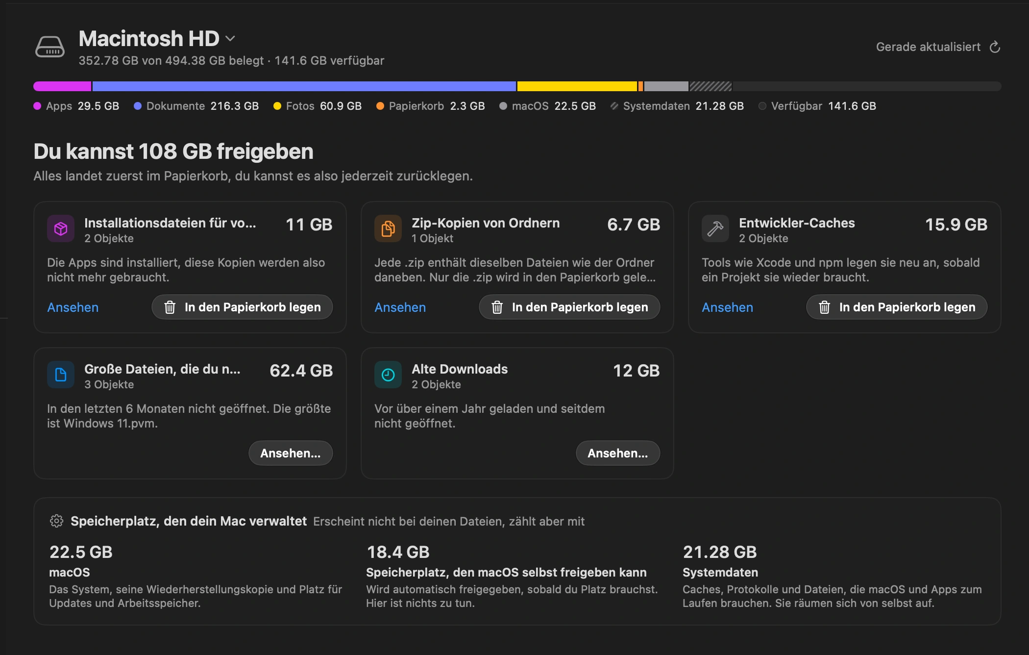 Vorschläge lesen: DockDuck listet, was gefahrlos weg kann: Downloads, die du seit einem Jahr nicht geöffnet hast, Installer von Apps, die du schon hast, Zip-Kopien von Ordnern, die du noch besitzt, große Dateien, die seit sechs Monaten unberührt sind, und Caches, die Entwicklerwerkzeuge von selbst neu aufbauen.