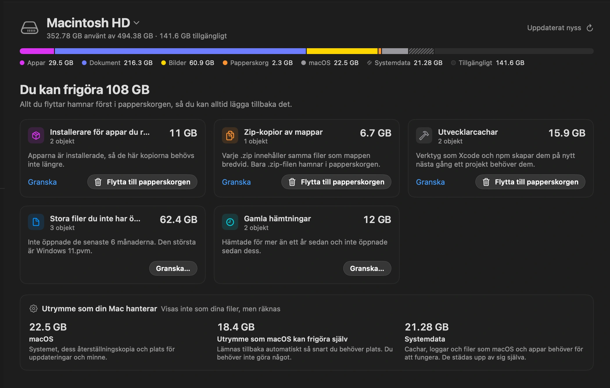 Läs förslagen: DockDuck listar vad som är säkert att ta bort: nedladdningar du inte öppnat på ett år, installationsfiler för appar du redan har, zip-kopior av mappar du fortfarande har kvar, stora filer som legat orörda i sex månader, och cacher som utvecklarverktyg bygger upp igen på egen hand.