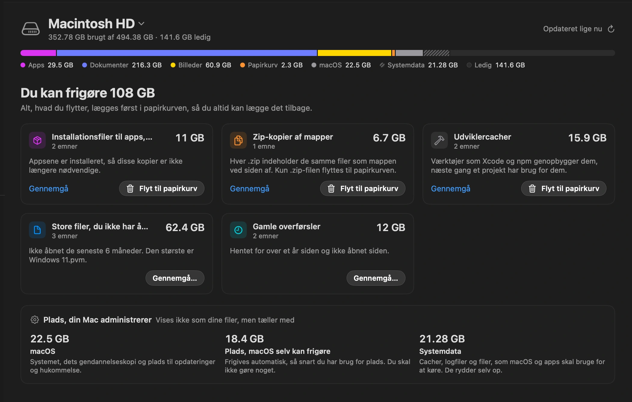 Læs forslagene: DockDuck viser, hvad der er sikkert at fjerne: downloads, du ikke har åbnet i et år, installationsfiler til apps, du allerede har, zip-kopier af mapper, du stadig har, store filer, der ikke er rørt i seks måneder, og caches, som udviklerværktøjer selv genopbygger.