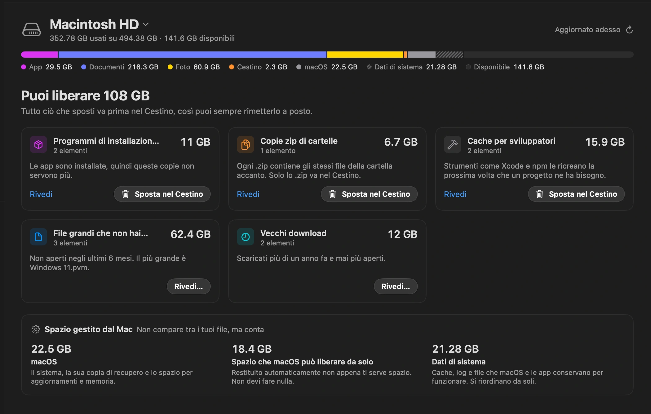 Leggi i suggerimenti: DockDuck elenca cosa puoi rimuovere senza rischi: download che non apri da un anno, installer di app che hai già, copie zip di cartelle che conservi, file grandi non toccati da sei mesi, e cache che gli strumenti di sviluppo ricostruiscono da soli.