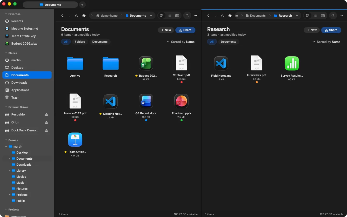 Two folders open side by side in a split DockDuck window