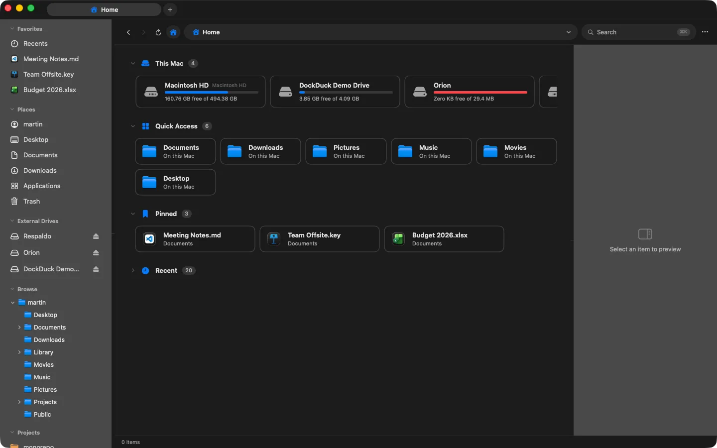 The DockDuck Home dashboard with drives, quick access and pinned files