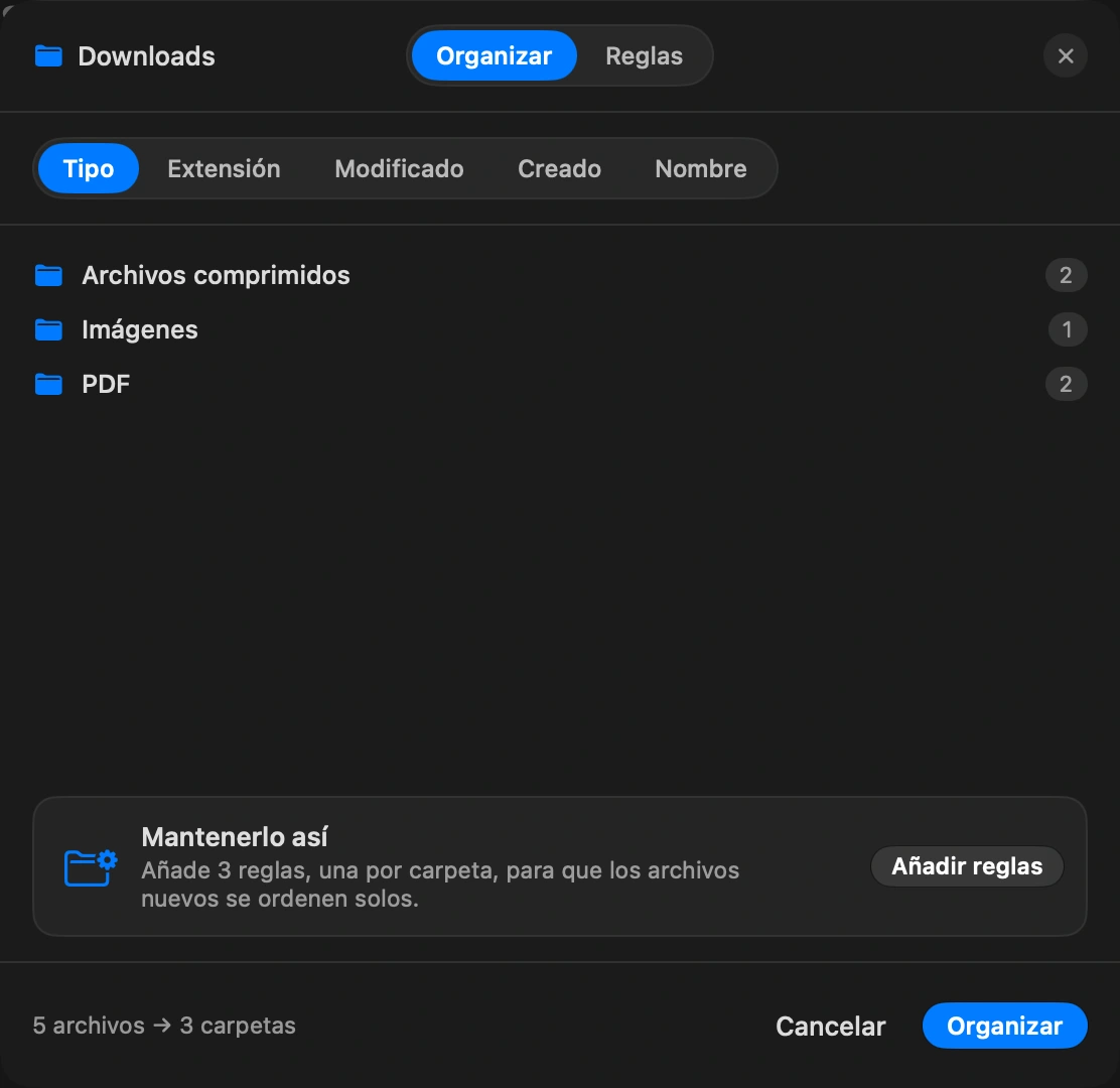 Ordénala una vez: Ahora ordena lo que hay por tipo o por fecha, en carpetas como Imágenes, PDFs y Archivos comprimidos. Ves una vista previa de lo que se moverá antes de que se mueva nada, y un solo Deshacer revierte toda la pasada.