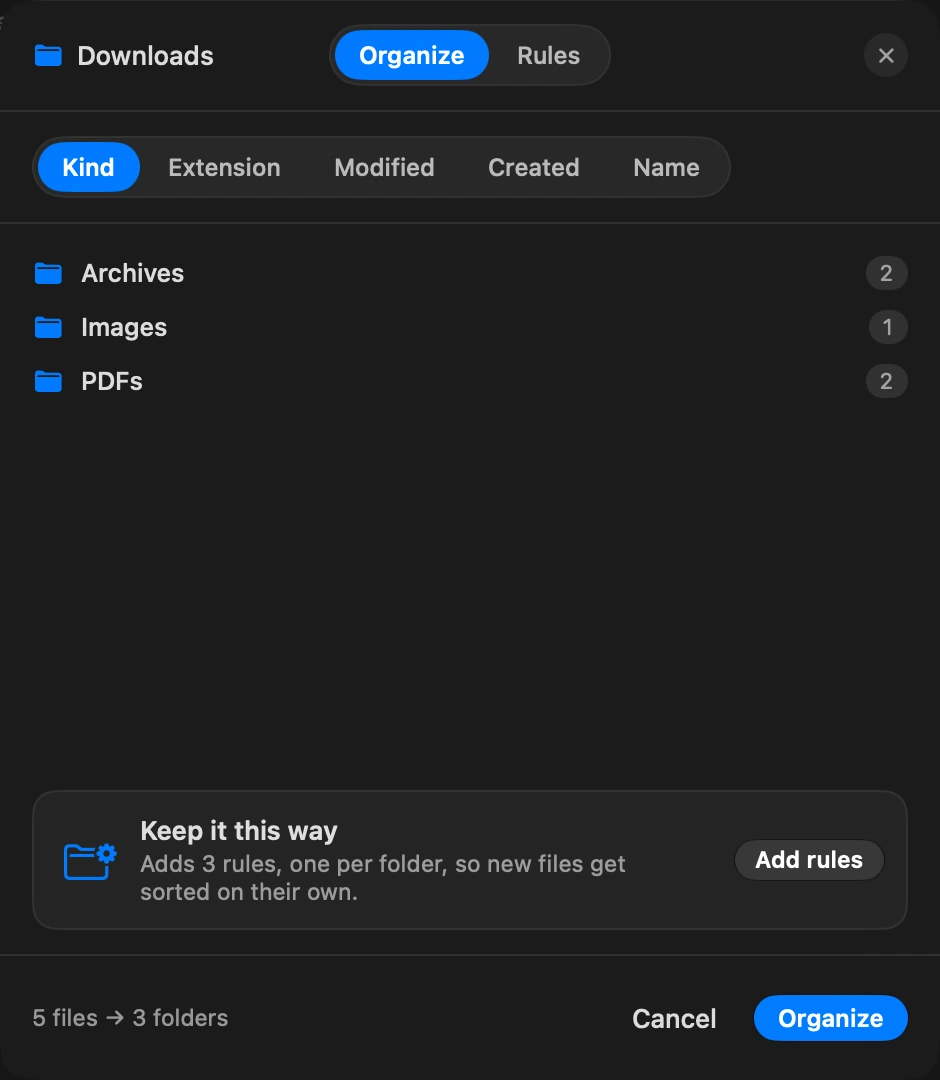 Sort it once: Now sorts what is there by kind or by date, into folders like Images, PDFs and Archives. You see a preview of what will move before anything moves, and one Undo reverses the whole pass.