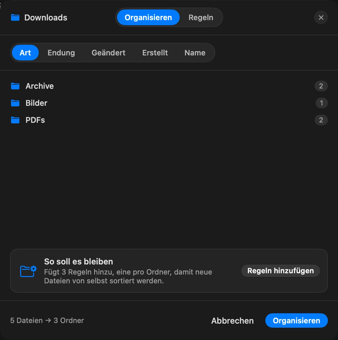 Einmal sortieren: Jetzt sortiert den Inhalt nach Art oder Datum in Ordner wie Bilder, PDFs und Archive. Du siehst eine Vorschau, was sich bewegen wird, bevor sich etwas bewegt, und ein einziges Widerrufen macht den ganzen Durchgang rückgängig.