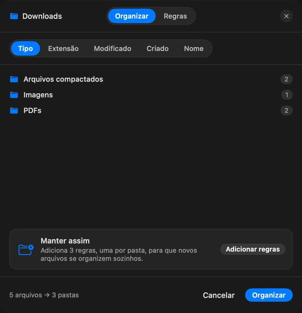 Organize uma vez: Agora ordena o que está lá por tipo ou por data, em pastas como Imagens, PDFs e Arquivos compactados. Você vê uma prévia do que vai se mover antes de qualquer coisa se mover, e um único Desfazer reverte a passada inteira.