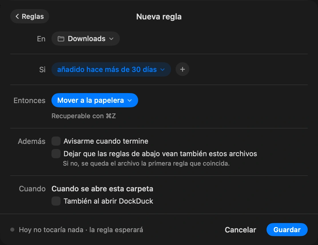 Conviértelo en regla: Siempre guarda las reglas de la carpeta, algo como «las imágenes de más de 30 días van a Archivo» o «los instaladores van a la Papelera tras una semana». DockDuck las aplica cuando la carpeta cambia y cuando abres la app.