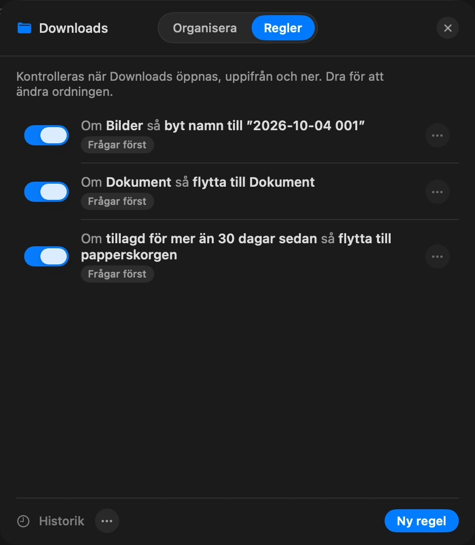 Låt det rulla: Varje regel visar hur många filer den skulle ta i dag. Pausa en medan du bestämmer dig, och ångra senaste svepet så länge du inte flyttat något för hand sedan dess.