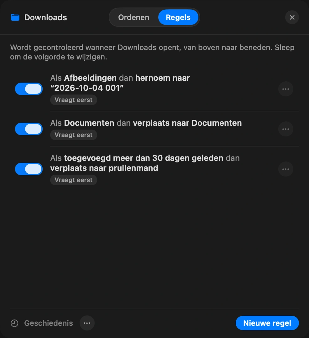 Laat het lopen: Elke regel toont hoeveel bestanden hij vandaag zou pakken. Pauzeer er een terwijl je nadenkt, en maak de laatste ronde ongedaan zolang je sindsdien niets met de hand hebt verplaatst.