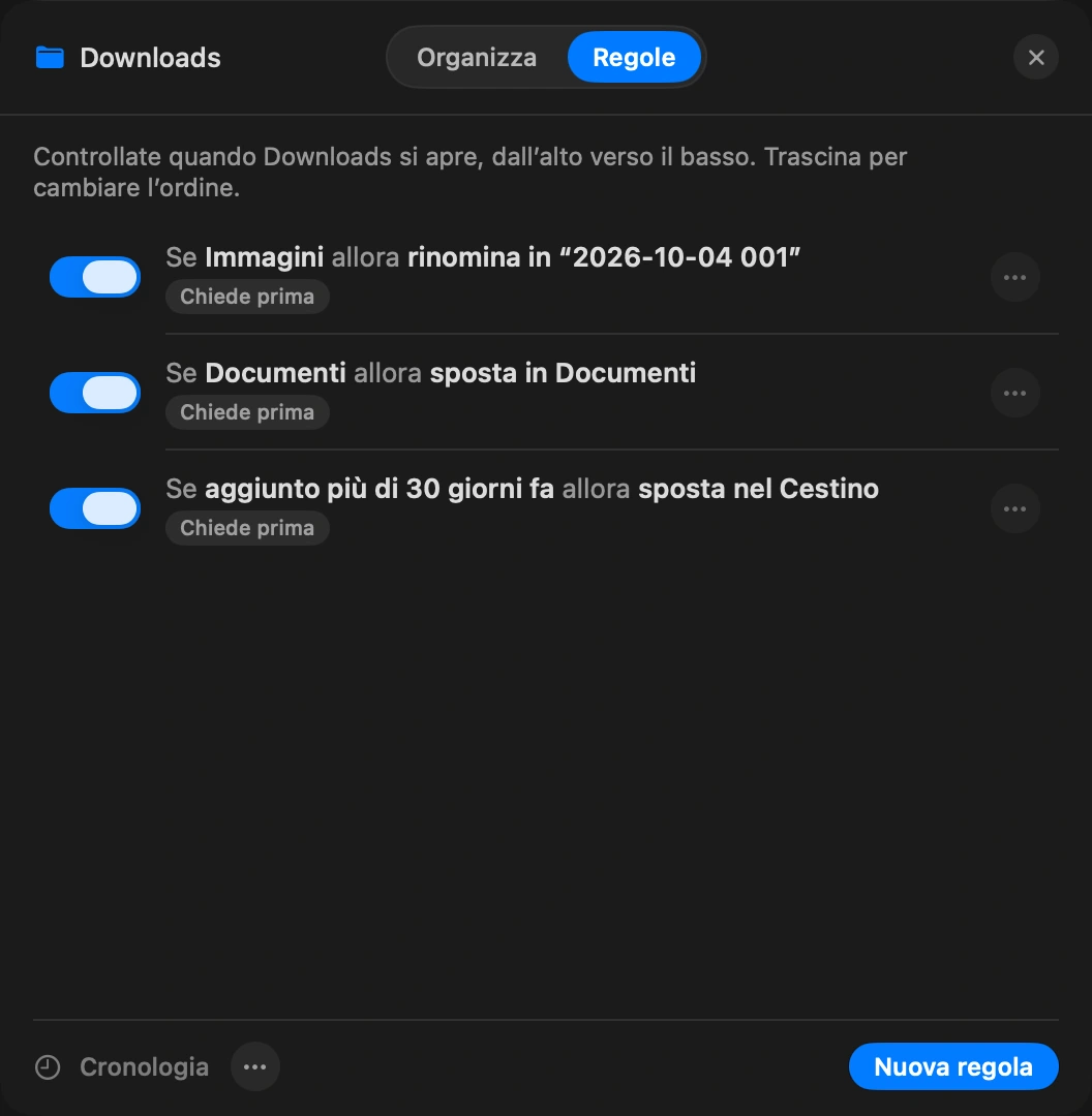 Lascia che lavori: Ogni regola mostra quanti file prenderebbe oggi. Mettine una in pausa mentre decidi, e annulla l’ultimo passaggio finché non hai spostato cose a mano nel frattempo.
