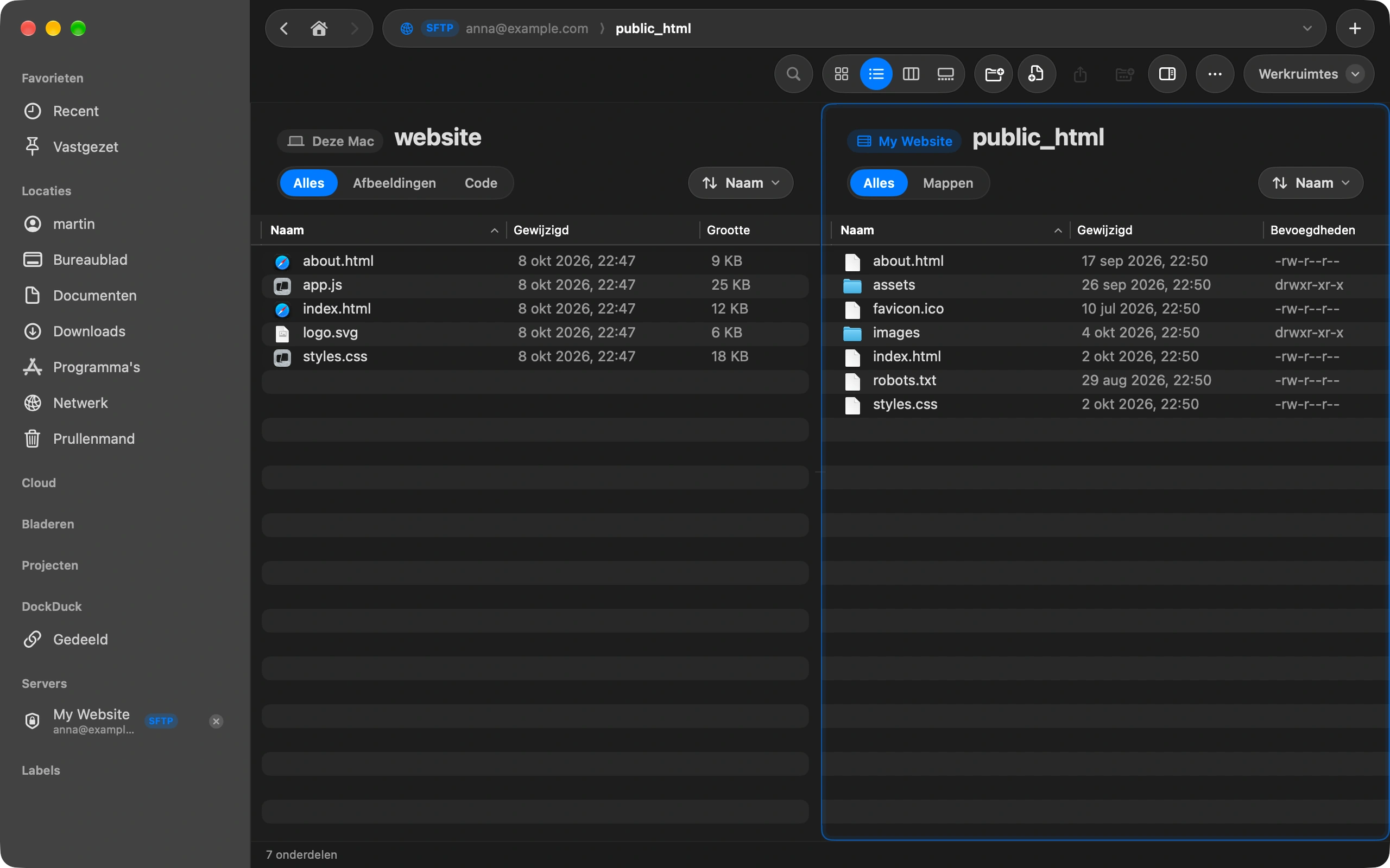 Open your site’s folder: On the server side, open the folder your site lives in. Most hosts call it public_html, www or htdocs. On the Mac side, open the folder with the files you want to upload.