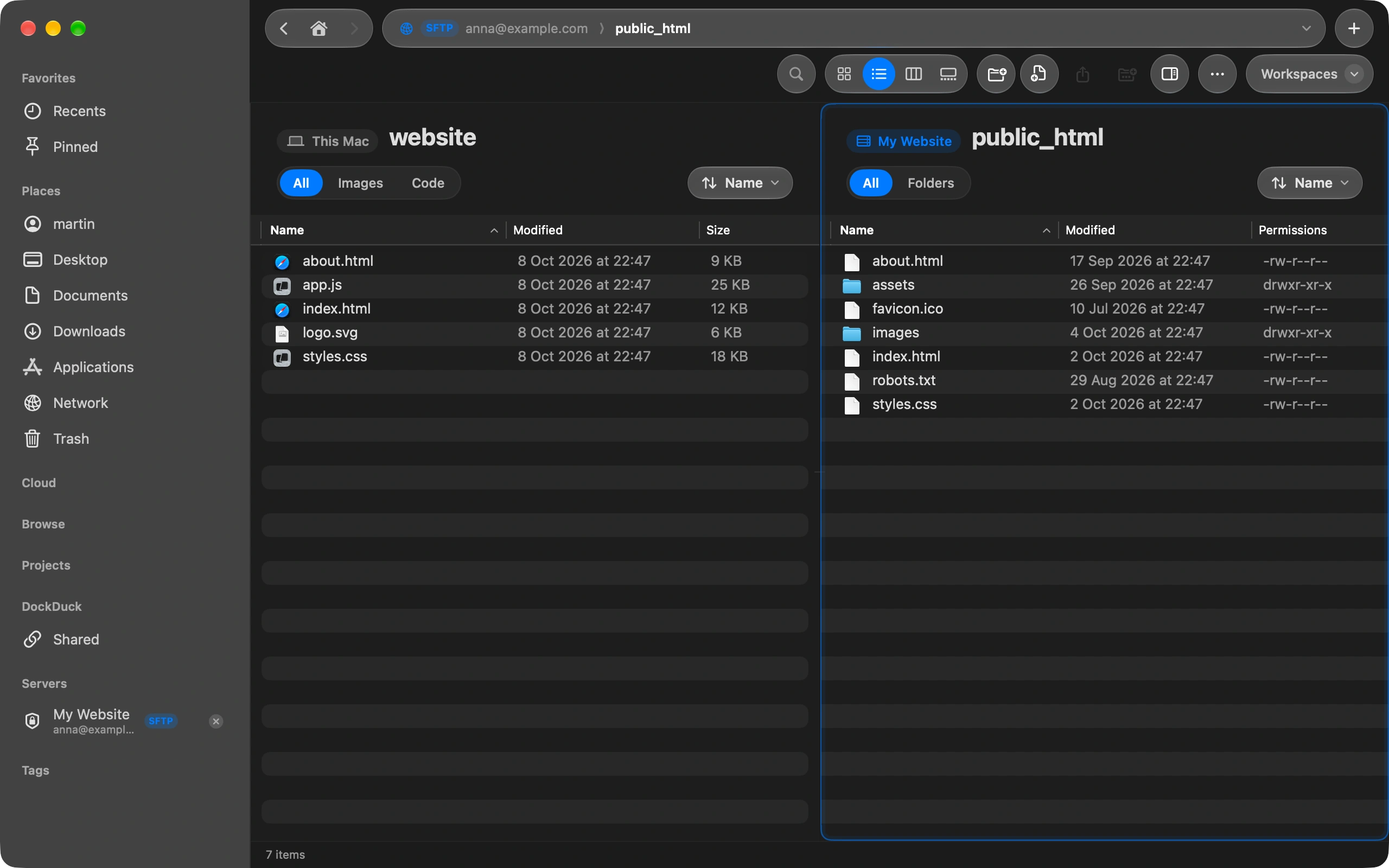 Open your site’s folder: On the server side, open the folder your site lives in. Most hosts call it public_html, www or htdocs. On the Mac side, open the folder with the files you want to upload.
