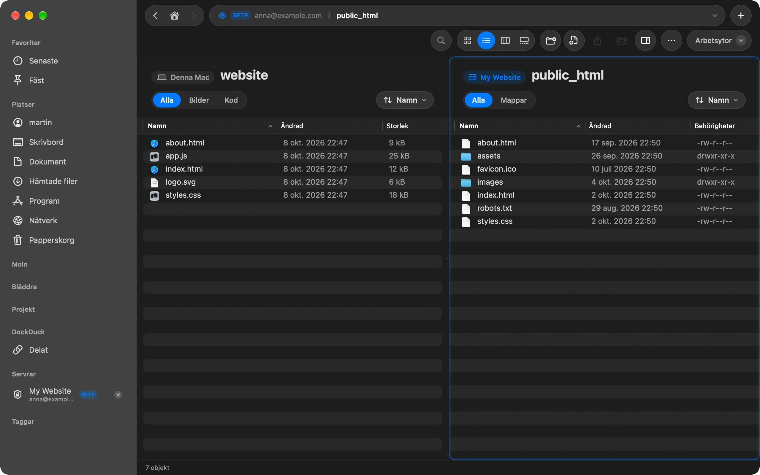 Open your site’s folder: On the server side, open the folder your site lives in. Most hosts call it public_html, www or htdocs. On the Mac side, open the folder with the files you want to upload.