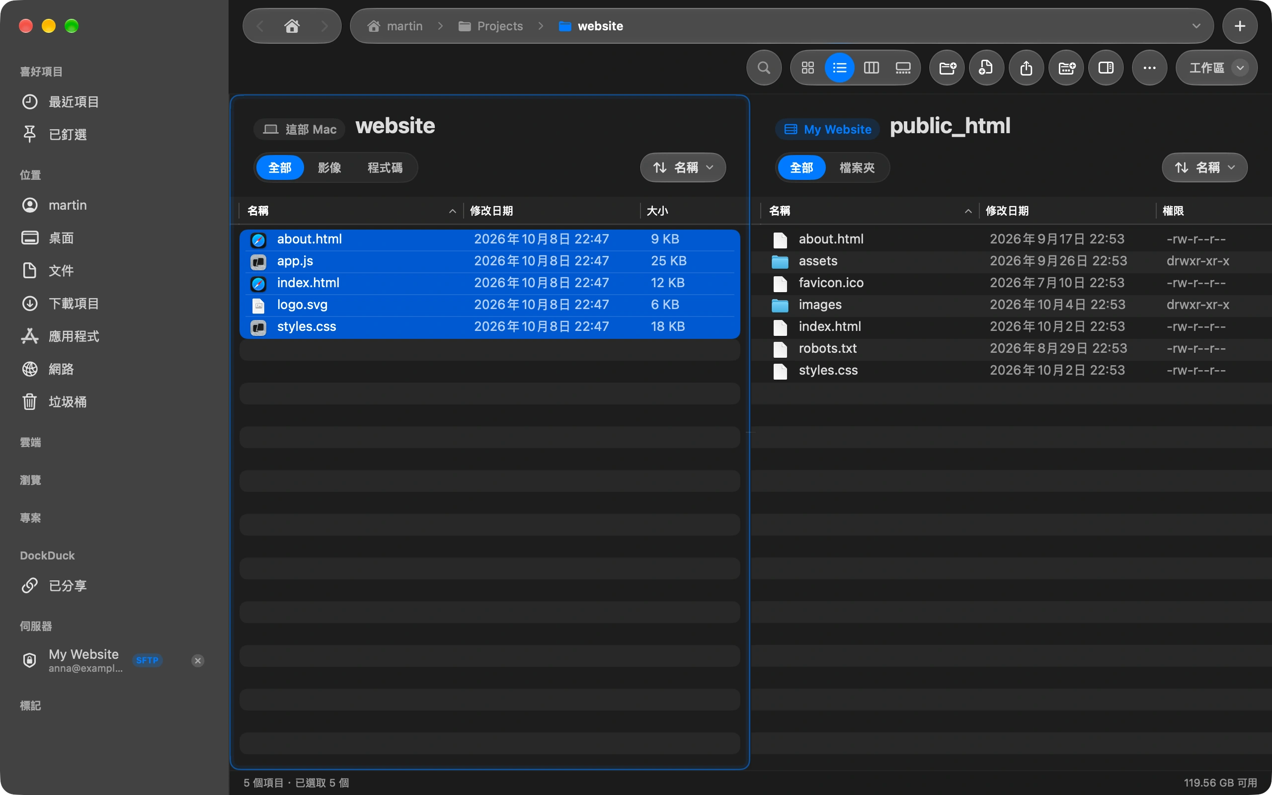 Drag the files across: Select files or whole folders on the Mac side and drag them to the server side. A folder goes up with everything inside it. Copy and paste works too.