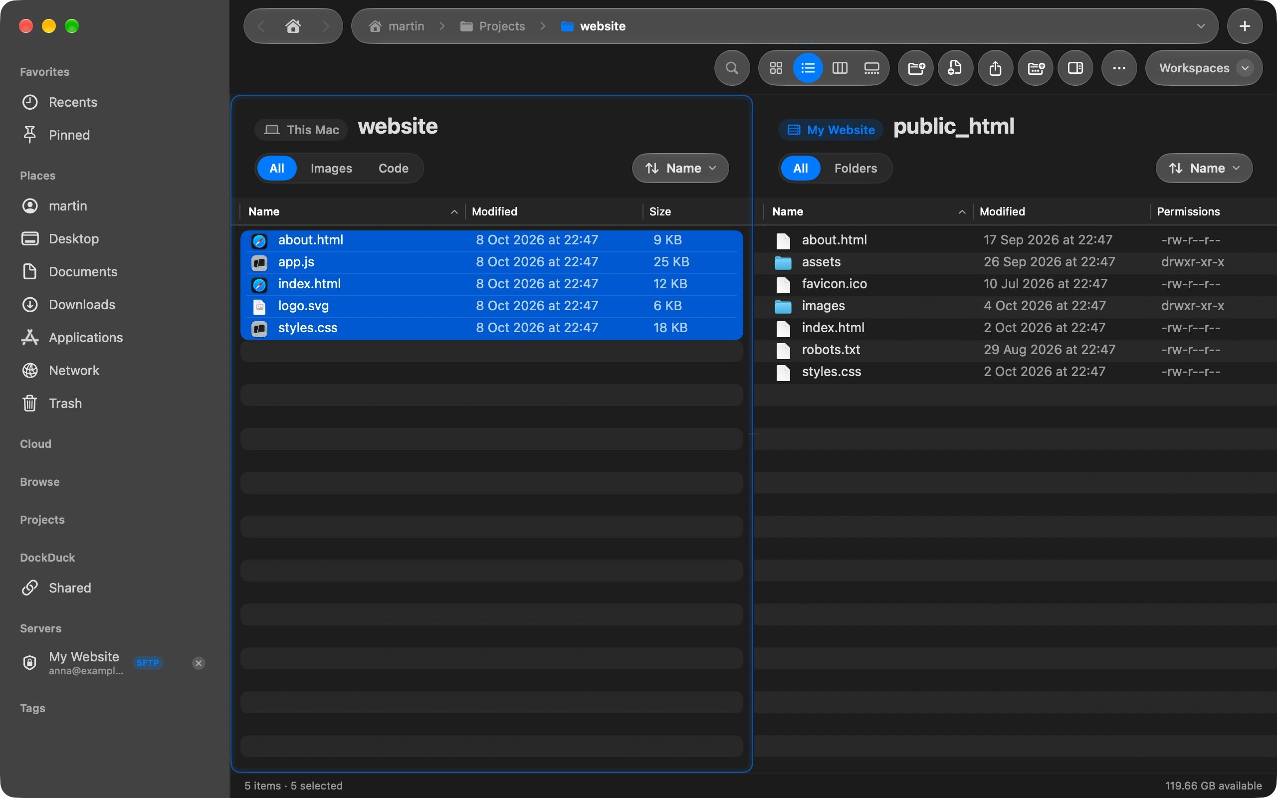 Drag the files across: Select files or whole folders on the Mac side and drag them to the server side. A folder goes up with everything inside it. Copy and paste works too.