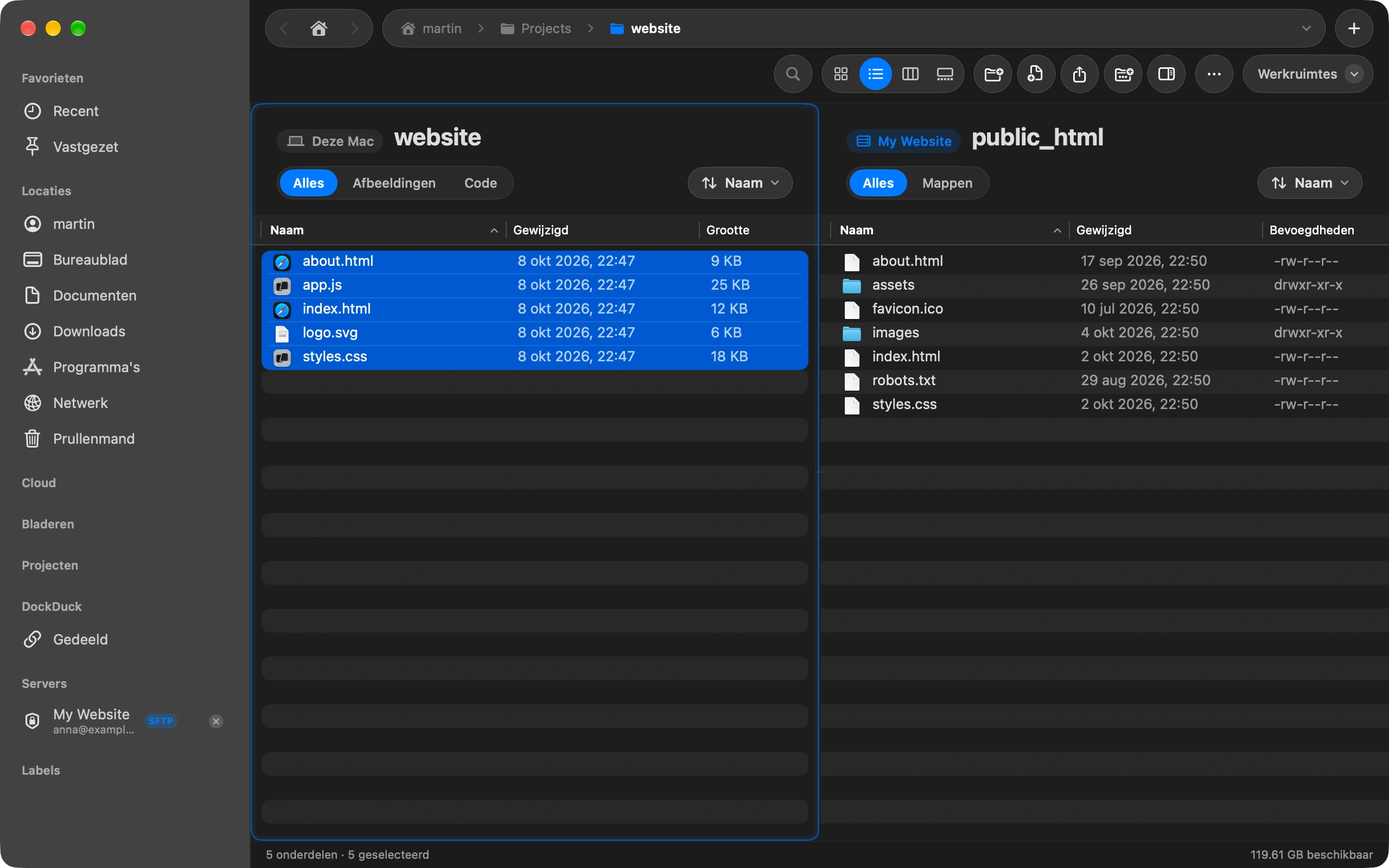 Drag the files across: Select files or whole folders on the Mac side and drag them to the server side. A folder goes up with everything inside it. Copy and paste works too.