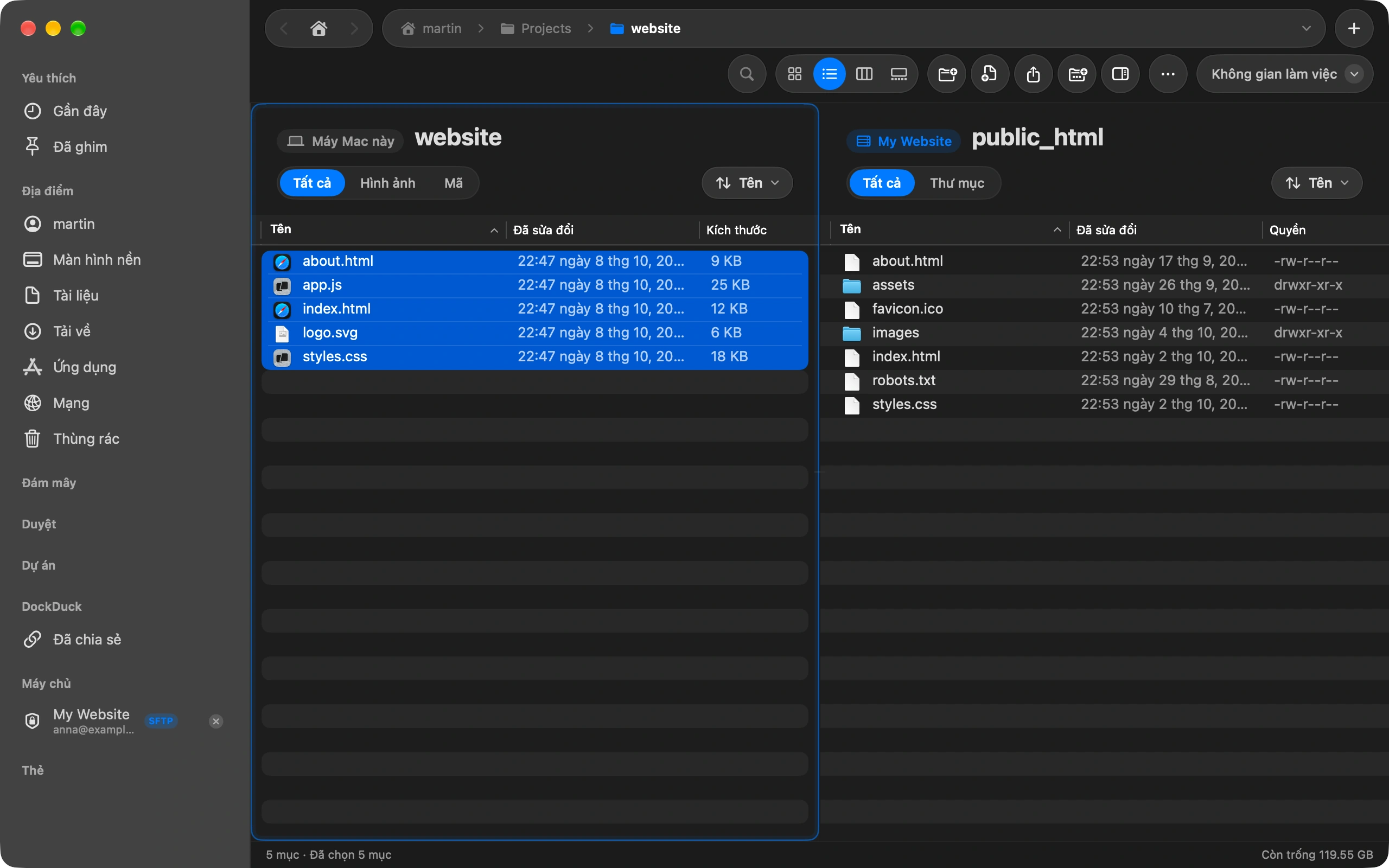 Drag the files across: Select files or whole folders on the Mac side and drag them to the server side. A folder goes up with everything inside it. Copy and paste works too.