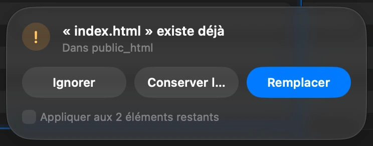 Choose what happens to files already there: When a file with the same name is already on the server, DockDuck asks before touching it: Replace it, Keep Both, or Skip. One answer can apply to every file left in the upload.