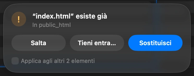 Choose what happens to files already there: When a file with the same name is already on the server, DockDuck asks before touching it: Replace it, Keep Both, or Skip. One answer can apply to every file left in the upload.