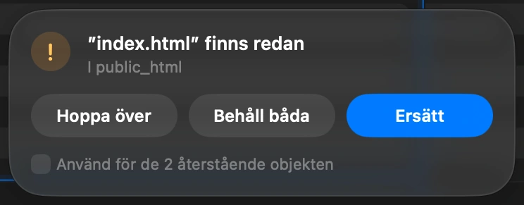 Choose what happens to files already there: When a file with the same name is already on the server, DockDuck asks before touching it: Replace it, Keep Both, or Skip. One answer can apply to every file left in the upload.