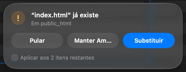 Choose what happens to files already there: When a file with the same name is already on the server, DockDuck asks before touching it: Replace it, Keep Both, or Skip. One answer can apply to every file left in the upload.