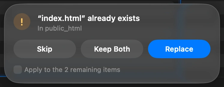 Choose what happens to files already there: When a file with the same name is already on the server, DockDuck asks before touching it: Replace it, Keep Both, or Skip. One answer can apply to every file left in the upload.