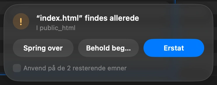 Choose what happens to files already there: When a file with the same name is already on the server, DockDuck asks before touching it: Replace it, Keep Both, or Skip. One answer can apply to every file left in the upload.