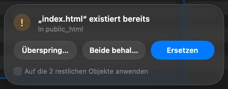 Choose what happens to files already there: When a file with the same name is already on the server, DockDuck asks before touching it: Replace it, Keep Both, or Skip. One answer can apply to every file left in the upload.