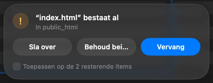 Choose what happens to files already there: When a file with the same name is already on the server, DockDuck asks before touching it: Replace it, Keep Both, or Skip. One answer can apply to every file left in the upload.