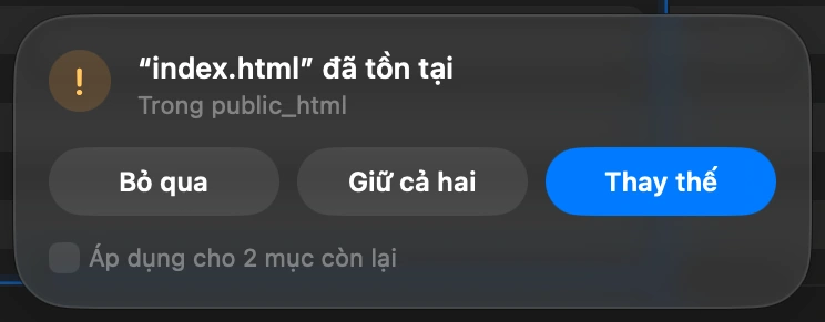 Choose what happens to files already there: When a file with the same name is already on the server, DockDuck asks before touching it: Replace it, Keep Both, or Skip. One answer can apply to every file left in the upload.