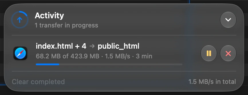 Watch it finish: The transfer at the bottom of the window shows the speed and the time left. If you switch to another app, a notification tells you when it is done.