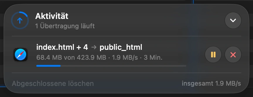 Watch it finish: The transfer at the bottom of the window shows the speed and the time left. If you switch to another app, a notification tells you when it is done.