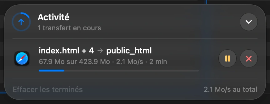 Watch it finish: The transfer at the bottom of the window shows the speed and the time left. If you switch to another app, a notification tells you when it is done.