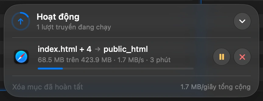 Watch it finish: The transfer at the bottom of the window shows the speed and the time left. If you switch to another app, a notification tells you when it is done.