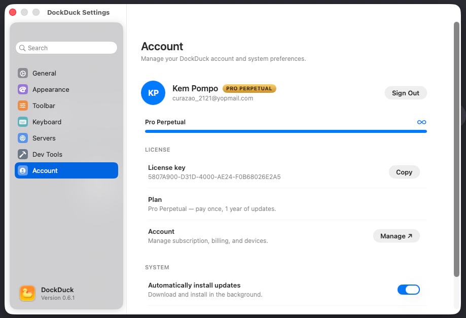 The Account section of Settings showing the signed-in account, Pro Trial with days remaining, and a Manage button