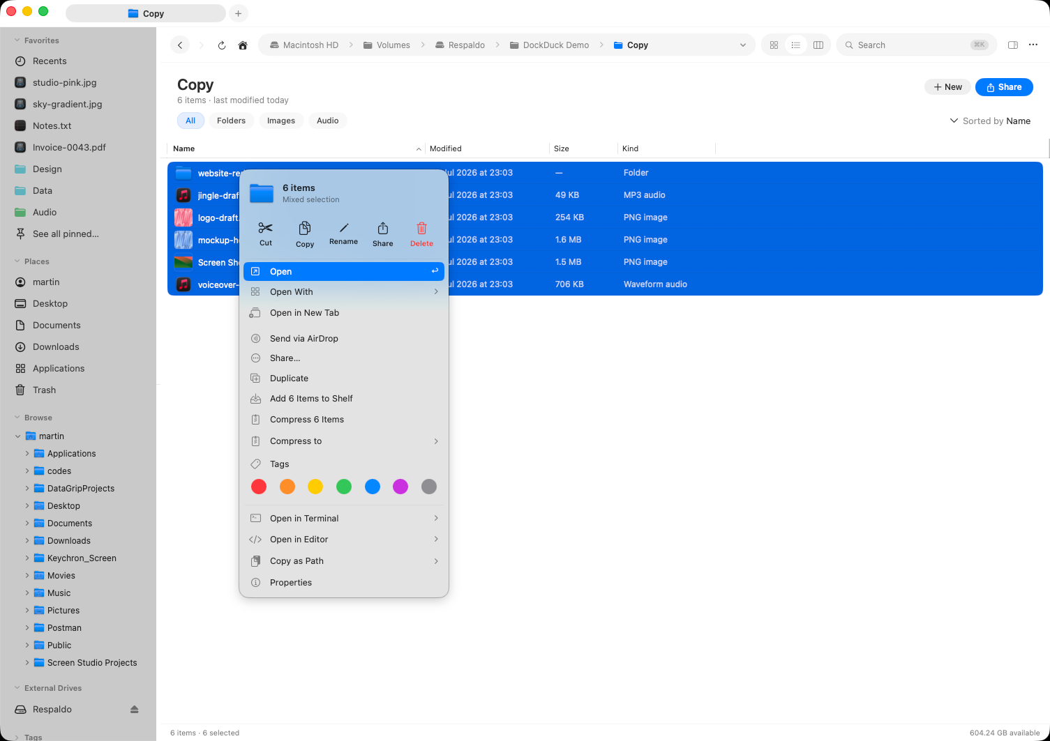 The right-click menu showing Compress and a Compress to submenu listing zip, 7z, tar.gz, and tar.xz