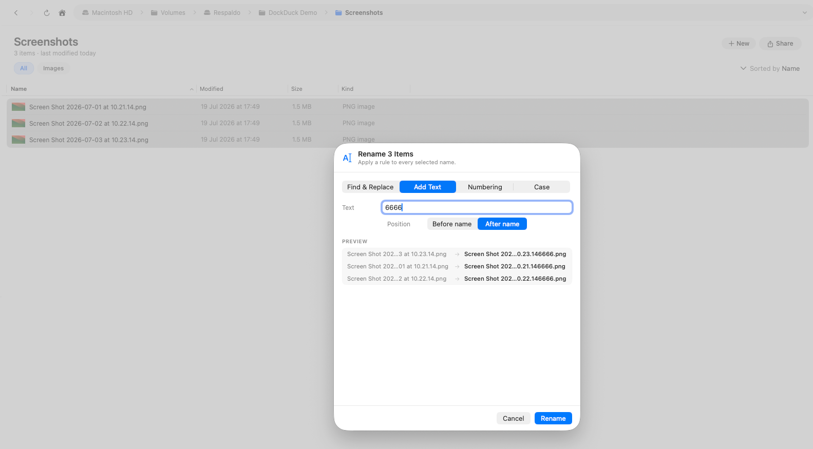 The batch-rename sheet with the four modes and a live before/after preview