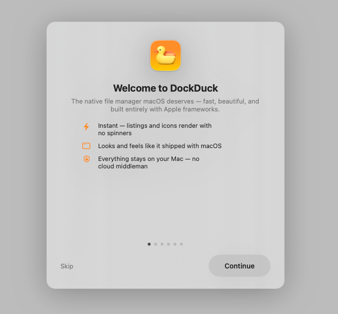 The centered welcome card of the onboarding tour, with Continue and Skip buttons