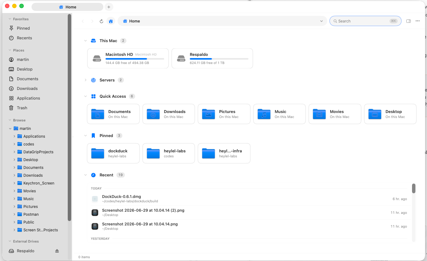 The Start Page dashboard showing This Mac, Servers, Quick Access, Pinned, and Recent sections