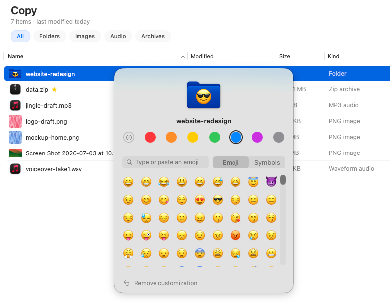 The Customize Folder panel with a color picker and an emoji / SF Symbol picker, previewing the folder icon