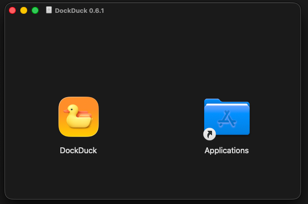 The mounted disk image window with the DockDuck icon and an Applications folder shortcut to drag onto