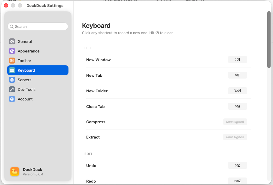 The Settings, Keyboard pane listing commands grouped File, Edit, View, Go, and Window, each with its editable shortcut