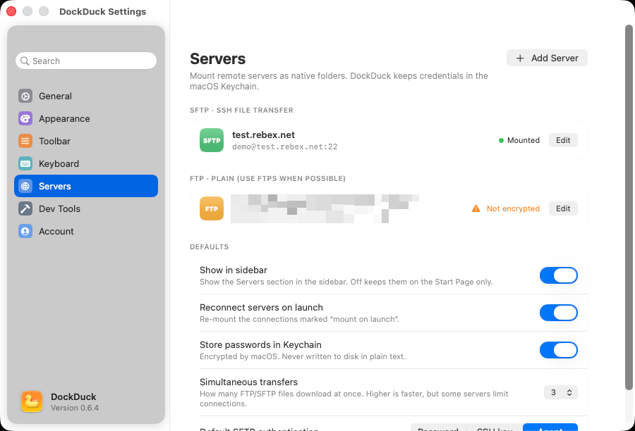 The Add Server sheet with protocol tiles and the basic connection fields